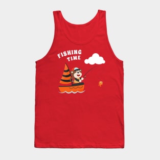 Vector cartoon illustration of cute monkey fishing on sailboat with cartoon style. Tank Top